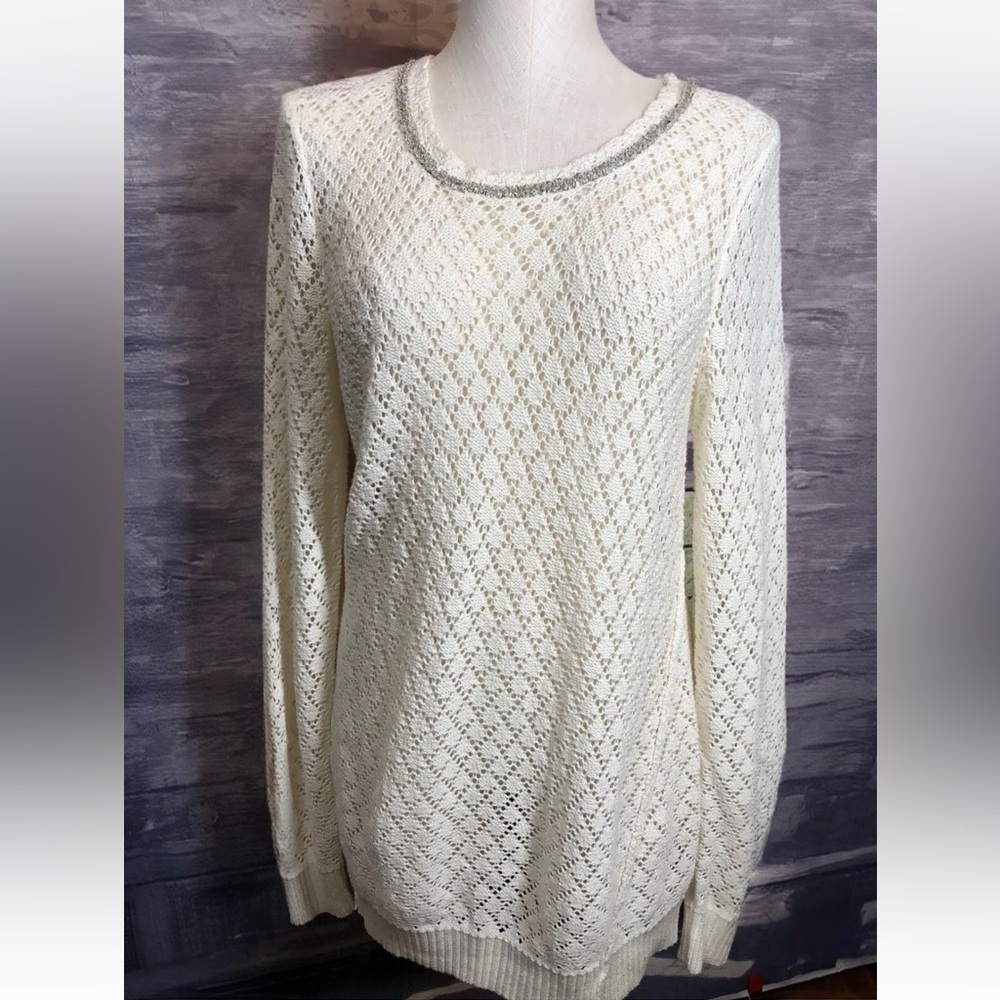 Womens Open Knit Sweater Cream With Sequin Neckline Maurices Size XS NEW